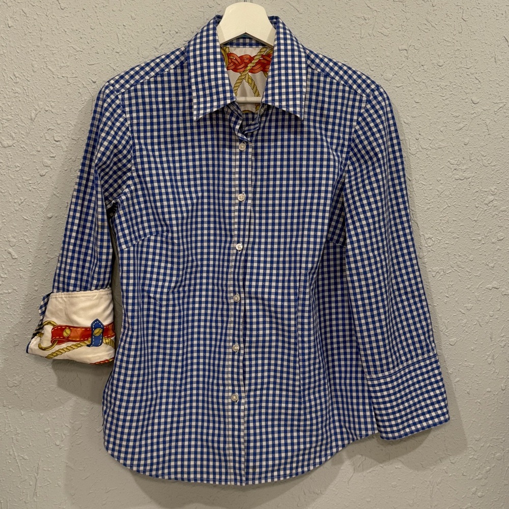 J. McLaughlin Royal/White Gingham Check Top 3/4‎ Silk Equestrian Contrast Cuff